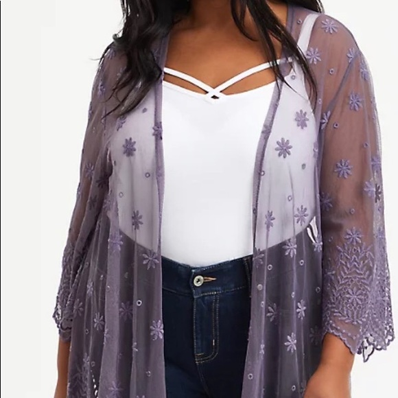 torrid Tops - Torrid purple/grey embroidered kimono mesh